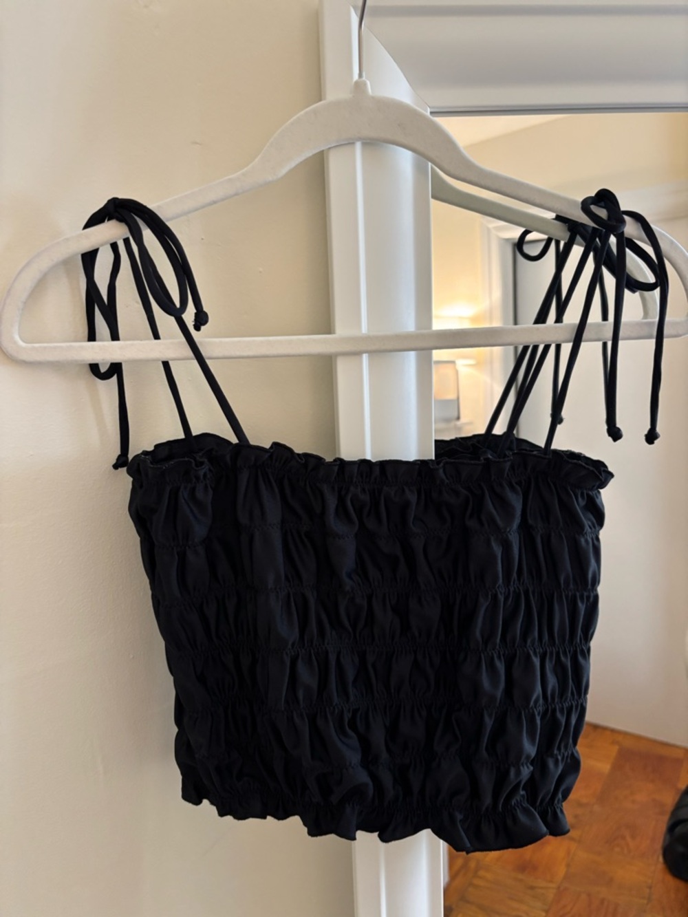 Black Smocked Tie-Strap Crop Top -